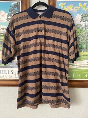 Vintage 90s Pattern Polo Shirt Tour Classics Tan Navy Striped Golf Mens M